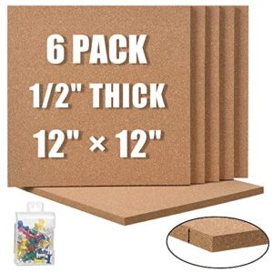 sungift cork board 12″x12″ – 1/2″ thick square bulletin boards cork tiles with 50 push pins mini wall, 6 pack self-adhesive corkboards for wall