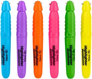 highlighter assorted colors, mini colored highlighters chisel tip, cap with clip & keychain ring, fluorescent yellow, green, red, blue, orange, purple – by enday