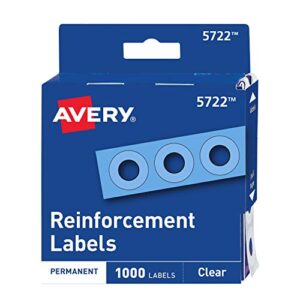 avery self-adhesive hole reinforcement stickers, 1/4″ diameter hole punch reinforcement labels, clear, non-printable, 1,000 labels total (5722)