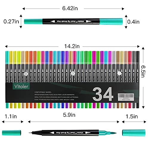 Vitoler Dual Tip Brush Markers Colored Pen,Fine Point Journal Pens & Colored Brush Markers for Kid Adult Coloring Drawing Planner Calendar Art Projects(34 Colors Pen)