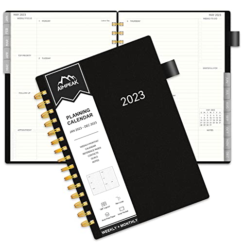 2023 Weekly & Monthly Planner, Jan. 2023 - Dec. 2023, AIMPEAK Planner 2023, Monthly Tabs, Inner Pocket, Pen Loop, PVC Waterproof Cover, Notes Pages, Spiral Binding, 138Pages, Black(5.5"x8.5")