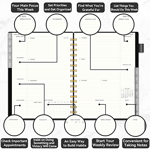 2023 Weekly & Monthly Planner, Jan. 2023 - Dec. 2023, AIMPEAK Planner 2023, Monthly Tabs, Inner Pocket, Pen Loop, PVC Waterproof Cover, Notes Pages, Spiral Binding, 138Pages, Black(5.5"x8.5")