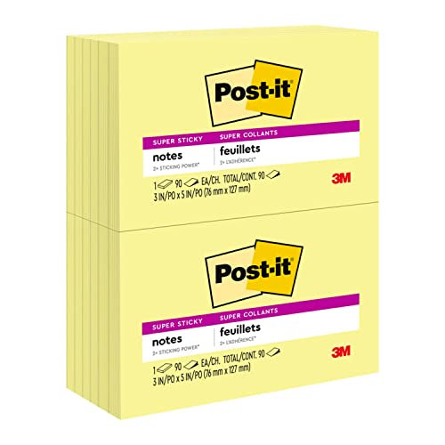 Post-it Super Sticky Notes, 3 in x 5 in, 12 Pads, 2x the Sticking Power, Canary Yellow, Recyclable (655-12SSCY)