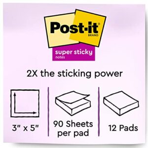 Post-it Super Sticky Notes, 3 in x 5 in, 12 Pads, 2x the Sticking Power, Canary Yellow, Recyclable (655-12SSCY)