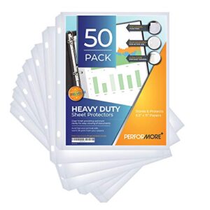 50 sheet protectors, heavy duty 8.5 x 11 inch clear page protectors for 3 ring binder, plastic sheet sleeves, durable top loading paper protector with reinforced holes, archival safe