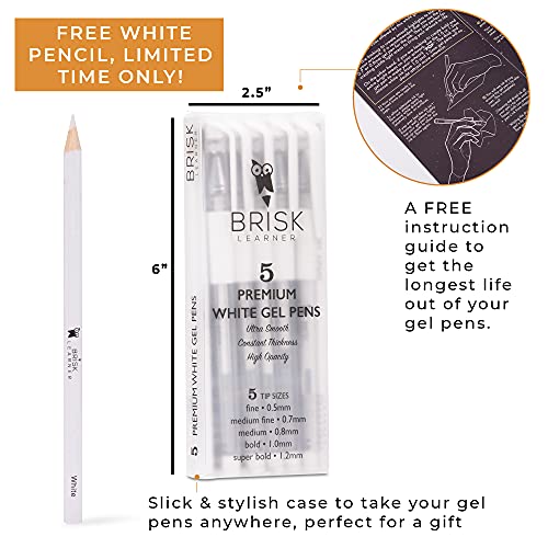 BriskLearner 5 White Gel Pen - 5 Tip Sizes 0.5, 0.7, 0.8, 1.0, 1.2mm for Maximum Opacity Control - Graffiti Ink White Pen for Artists, White Ink Pen - Free White Pencil