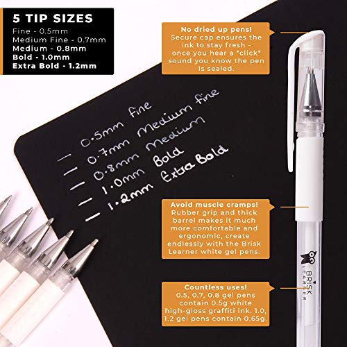 BriskLearner 5 White Gel Pen - 5 Tip Sizes 0.5, 0.7, 0.8, 1.0, 1.2mm for Maximum Opacity Control - Graffiti Ink White Pen for Artists, White Ink Pen - Free White Pencil