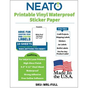 printable vinyl waterproof sticker paper for inkjet and laser printer – 10 white full sheet super glossy craft labels – strong adhesive – tear resistant – made in the usa – design software included