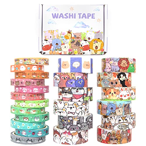 WAPETASHI Cute Washi Tape Set - 24 Rolls Kawaii Animals Gold Foil Decorative Masking Tape for Journaling, Scrapbooking, Kids DIY Crafts, Gift Wrapping, Aesthetic Supplies, Planners, Bullet Journal