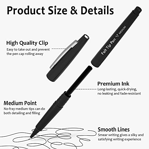 Lelix Felt Tip Pens, 15 Black Pens, 0.7mm Medium Point Felt Pens, Felt Tip Markers Pens for Journaling, Writing, Note Taking, Planner, Perfect for Art Office and School Supplies