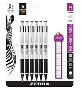 zebra m-301 stainless steel mechanical pencil 0.5 mm point size, 6 pack with 15 bonus erasers refills – standard hb lead – professional black grip