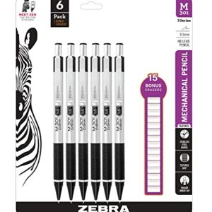 Zebra M-301 Stainless Steel Mechanical Pencil 0.5 mm Point Size, 6 Pack with 15 Bonus Erasers Refills - Standard HB Lead - Professional Black Grip