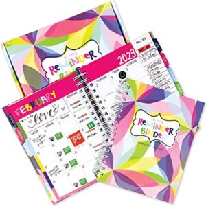 reminder binder 2023-2024 18-month weekly monthly planner, january 2023 – june 2024, 8.75” x 7.25”, hardcover, elastic closure, twin-wire binding, planner stickers, monthly divider tabs, pockets, to-do lists, budget planner, keepsake box