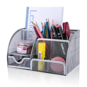 desk organizer office accessories, multi-functional mesh desk organizer with 6 compartments and 1 drawer for home, office, school, workshop, kitchen (silver)