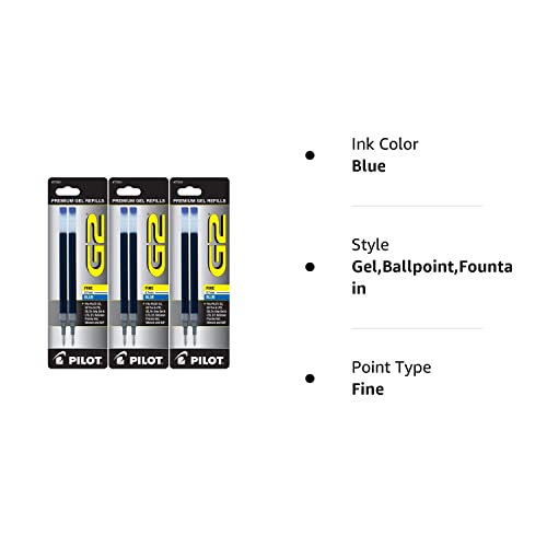 Pilot G2 Gel Ink Pen Refills, Fine Point, 0.7mm, Blue Ink, 6 Refills