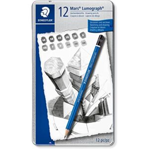 staedtler mars lumograph art drawing pencils, 12 pack graphite pencils in metal case, break-resistant bonded lead, 100 g12