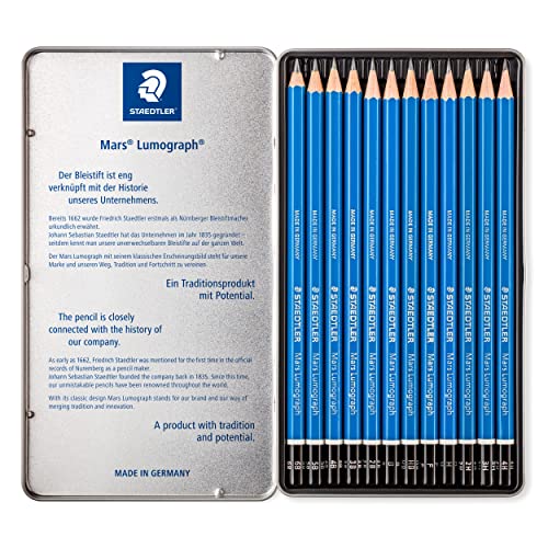 STAEDTLER Mars Lumograph Art Drawing Pencils, 12 Pack Graphite Pencils in Metal Case, Break-Resistant Bonded Lead, 100 G12