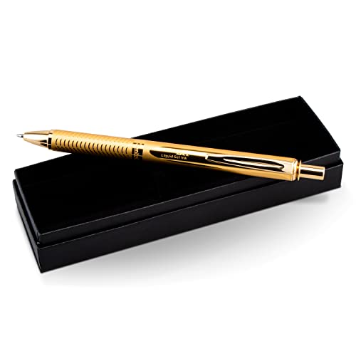 Pentel EnerGel Alloy Retractable Liquid Gel Pen, Gold Barrel, Black Ink, in gift box with info band (BL407XABX)