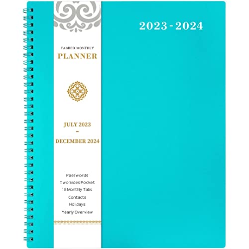 Monthly Planner/Calendar 2023-2024 - 2023-2024 Monthly Planner, Jul. 2023 - Dec. 2024, 8.5" x 11", 18-Month Planner 2023-2024 with Tabs, Pocket, Label, Contacts and Passwords, Twin-Wire Binding - Teal by Artfan