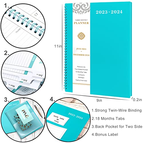 Monthly Planner/Calendar 2023-2024 - 2023-2024 Monthly Planner, Jul. 2023 - Dec. 2024, 8.5" x 11", 18-Month Planner 2023-2024 with Tabs, Pocket, Label, Contacts and Passwords, Twin-Wire Binding - Teal by Artfan