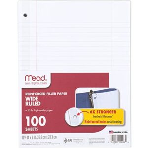 Mead Loose Leaf Paper, 3 Hole Punch Reinforced Filler Paper, Wide Ruled Paper, 10-1/2" x 8", 100 Sheets (15006)