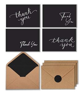 100 black thank you cards with brown kraft envelopes and stickers – 4 designs bulk notes for official, formal, office, graduations, business, 4×6 inch folded