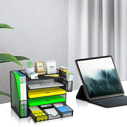 GALASALA Desk Organizers with File Holder, 5-Tier Paper Organizer Letter Tray with Sliding Drawer and Extra Pen Holder, Mesh Desktop File Organizer for School Office Supplies, Black