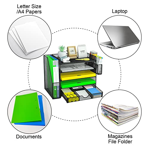GALASALA Desk Organizers with File Holder, 5-Tier Paper Organizer Letter Tray with Sliding Drawer and Extra Pen Holder, Mesh Desktop File Organizer for School Office Supplies, Black