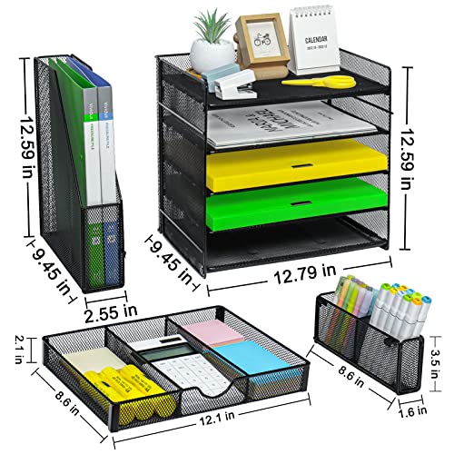 GALASALA Desk Organizers with File Holder, 5-Tier Paper Organizer Letter Tray with Sliding Drawer and Extra Pen Holder, Mesh Desktop File Organizer for School Office Supplies, Black