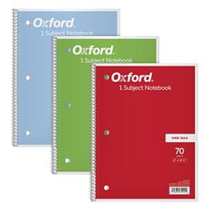 oxford 1-subject notebooks, 8″ x 10-1/2″, wide rule, 70 sheets, 3 pack, color assortment may vary (65029)