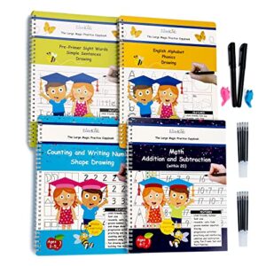 premium edition 11×8.5 inch large magic practice copybook for kids 4 pack, magical handwriting workbooks, tracing letters numbers and kindergarten sight words for kids ages 3-5, (4pc+2 pens)