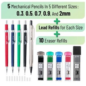 Mr. Pen Mechanical Pencil Set with Lead and Eraser Refills, 5 Sizes - 0.3, 0.5, 0.7, 0.9 and 2 Millimeters, Drafting, Sketching, Illustrations, Architecture, Drawing Mechanical Pencils