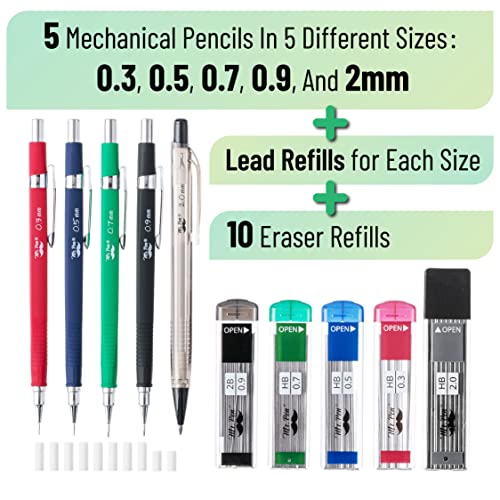 Mr. Pen Mechanical Pencil Set with Lead and Eraser Refills, 5 Sizes - 0.3, 0.5, 0.7, 0.9 and 2 Millimeters, Drafting, Sketching, Illustrations, Architecture, Drawing Mechanical Pencils