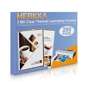 herkka 200 pack laminating sheets, holds 8.5 x 11 inch sheets, 3 mil clear thermal laminating pouches 9 x 11.5 inch lamination sheet paper for laminator, round corner letter size