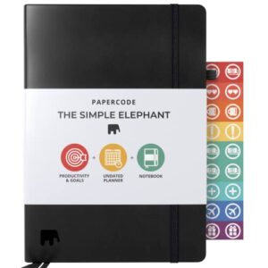 papercode daily planner 2023 – simple elephant undated daily, weekly, and monthly calendar planner for productivity & goal setting, black