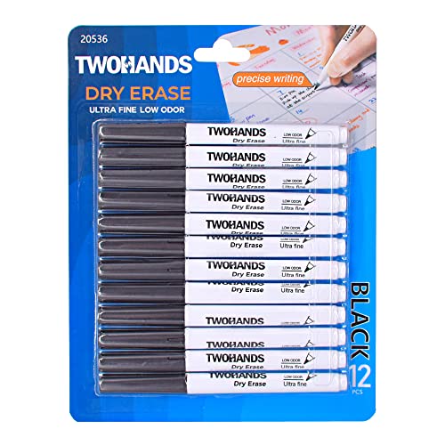 TWOHANDS Dry Erase Markers Ultra Fine Tip,0.7mm,Low Odor,Extra Fine Point,Black,Whiteboard Markers for kids,School,Office,Home,or Planning Whiteboard,12 Count,20536