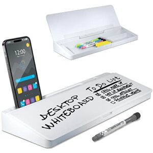 desktop whiteboard – glass dry erase white board- desk computer buddy – home office & studying essentials – desktop pad with phone & tablet slot, storage compartment – includes 4 markers, 1 eraser.