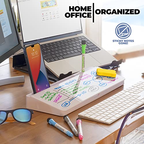 Desktop Whiteboard - Glass Dry Erase White Board- Desk Computer Buddy – Home Office & Studying Essentials - Desktop Pad with Phone & Tablet Slot, Storage Compartment - Includes 4 Markers, 1 Eraser.