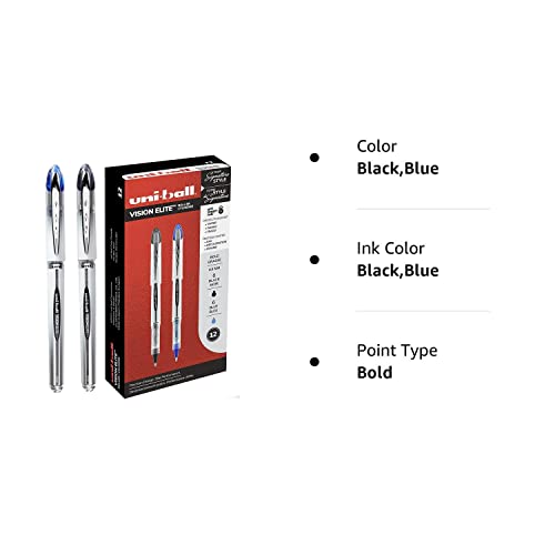 Uniball Vision Elite Rollerball Pens - 12 Pack (6 Black & 6 Blue Ballpens) - 0.8mm Bold Point Tip - Uni Super Ink Protects Against Water, Fraud, Fading - Ideal for Personal Use, School, Office, Home