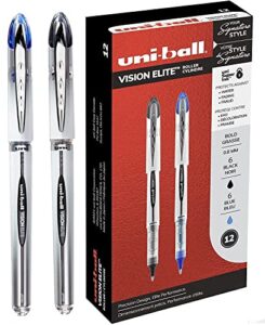 uniball vision elite rollerball pens – 12 pack (6 black & 6 blue ballpens) – 0.8mm bold point tip – uni super ink protects against water, fraud, fading – ideal for personal use, school, office, home