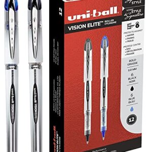 Uniball Vision Elite Rollerball Pens - 12 Pack (6 Black & 6 Blue Ballpens) - 0.8mm Bold Point Tip - Uni Super Ink Protects Against Water, Fraud, Fading - Ideal for Personal Use, School, Office, Home