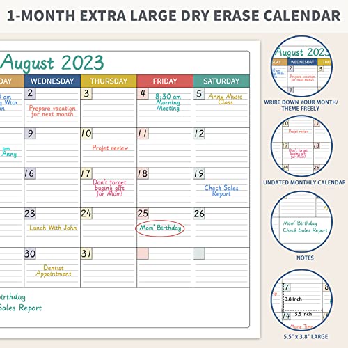 Dry Erase Calendar for Wall - Large Dry Erase Calendar, 28" x 40", Undated Monthly Calendar for Home, Office, Classroom, Erasable Laminated Calendar Whiteboard with 5 Markers ＆ 8 Stickers