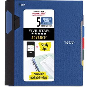 five star advance spiral notebook + study app, 5 subject, college ruled paper, 11″ x 8-1/2″, 200 sheets, with spiral guard and movable dividers, pacific blue, 1 count (73150)