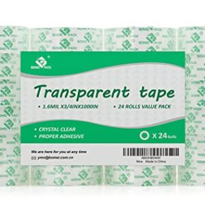 Crystal Clear Transparent Tape Refills Rolls for Dispenser, 24 Rolls Value Pack, 3/4 in x 1000 in,1 inch Core, Gift Wrapping Tape for Office, School and Home, BOMEI PACK