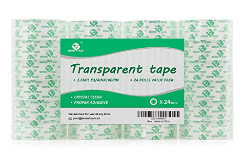 Crystal Clear Transparent Tape Refills Rolls for Dispenser, 24 Rolls Value Pack, 3/4 in x 1000 in,1 inch Core, Gift Wrapping Tape for Office, School and Home, BOMEI PACK