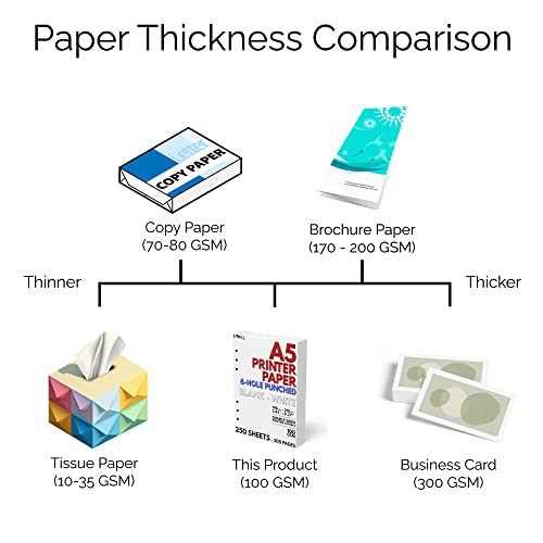 A5 Blank Paper 6-Hole Punched, 250 Sheets (500 Pages), 100 GSM, Printer Paper 148mm x 210mm (5.83 in. x 8.27 in.)