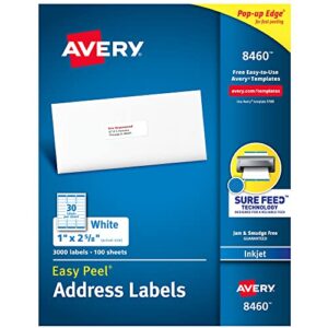 avery address labels with sure feed for inkjet printers, 1″ x 2-5/8″, 3,000 labels, permanent adhesive (8460), white