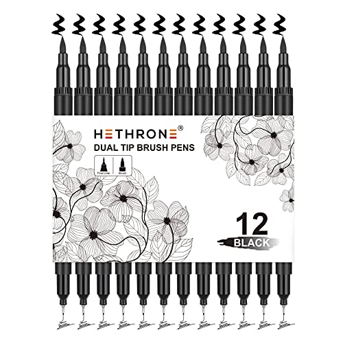 Hethrone Black Marker - Felt Tip Pens Drawing Pens Dual Brush Pens Art Supplies 12 Pack