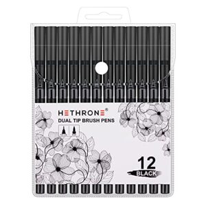 Hethrone Black Marker - Felt Tip Pens Drawing Pens Dual Brush Pens Art Supplies 12 Pack