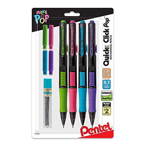 Pentel Quick Click Pop Mechanical Pencil, (0.7mm) Medium 2B Lead, with 2B Lead and (2) Eraser Refills, 4-PK (PD217ALEBP4)